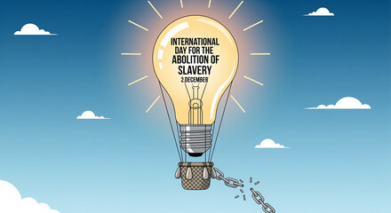 Lightbulb hot air balloon with "International Day for the Abolition of Slavery, 2 December" message and broken chains against a blue sky with clouds, conceptual illustration.