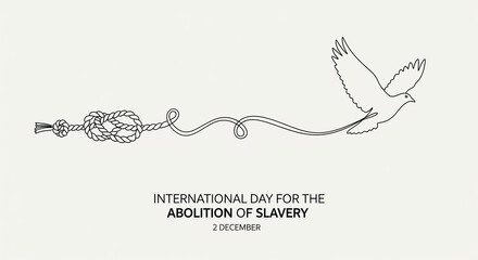Rope with a knot and a line art drawing of a dove flying in the sky, commemorating International Day for the Abolition of Slavery celebrated on 2 December, simple monochrome illustration.