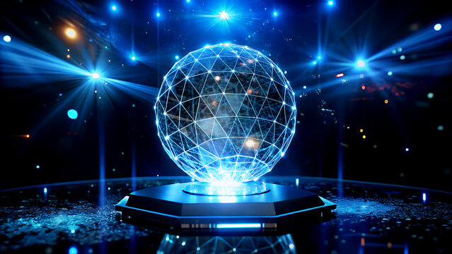 Futuristic technology sphere with glowing blue lights a digital network concept for science and innovation presented on a pedestal