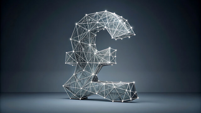 Pound sterling symbol constructed from connected dots and lines representing digital finance and modern currency