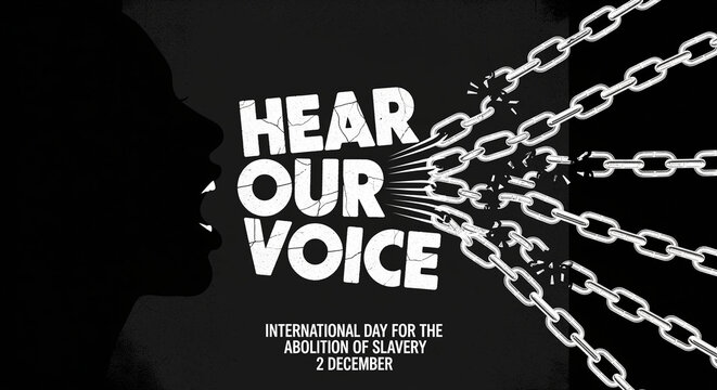 Silhouetted head with the phrase "Hear Our Voice" and broken chains representing the International Day for the Abolition of Slavery on December 2nd.