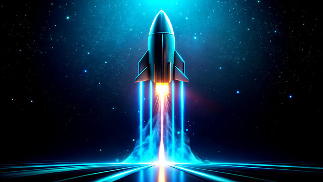 Futuristic rocket launch illustration with neon light trails a concept for technology innovation and space exploration