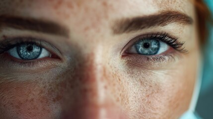 Intense Blue Gaze: A captivating close-up of a person's striking blue eyes, framed by freckled skin, drawing the viewer into a moment of pure focus and profound emotion.