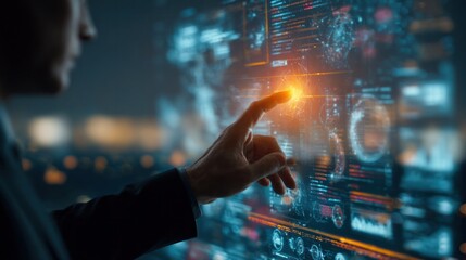 Futuristic Interface: A person interacts with a vibrant, advanced digital interface, with a finger touching the screen, in a scene that evokes innovation and cutting-edge technology.
