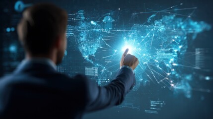 Visionary World Mapping: A distinguished figure gestures towards a luminous, interconnected world map, symbolizing the dynamic interplay of global data and technological progress.