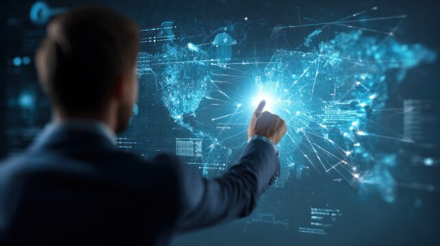 Visionary World Mapping: A distinguished figure gestures towards a luminous, interconnected world map, symbolizing the dynamic interplay of global data and technological progress.