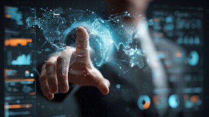 Interactive Technology: A futuristic digital interface, where a person's hand interacts with a luminous data visualization, symbolizing technological innovation and data analysis.
