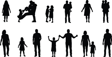 Family silhouettes, parents and children, family illustration, walking family artwork, parent child design, family poses, relationship artwork, family collection, silhouette art, bonding