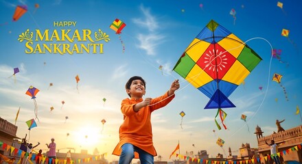 Young boy flying a colorful kite on makar sankranti festival