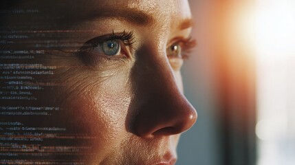 Coding in her eyes: A focused individual studies computer coding, her gaze intent and bright. This photo captures the essence of technology and the pursuit of knowledge.