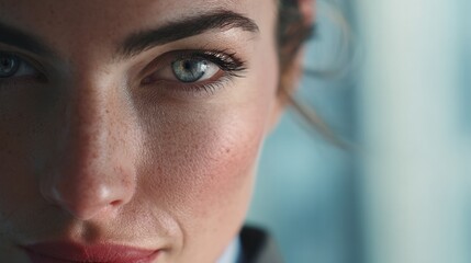Captivating Gaze: Close-up of a confident woman's face, her piercing gaze conveying depth and determination. The image captures the power of focus, capturing attention with a mesmerizing effect.