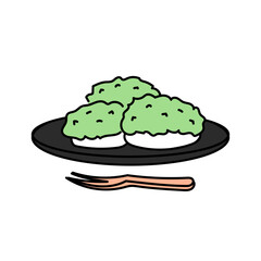 黒い皿に盛り付けられたずんだ餅を優しいタッチで描いた和菓子イラスト｜宮城県の郷土菓子として親しまれるずんだの鮮やかな色合いと素朴な甘さを補足して雰囲気を伝える素材