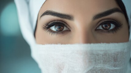 Captivating Gaze: A close-up portrait of a woman of Middle Eastern descent with expressive eyes, veiled in a traditional headscarf, the shot draws attention to her powerful and mesmerizing eyes.