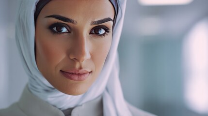 Ethereal Grace: A poised woman with gentle eyes and serene expression, draped in a delicate hijab, her soft features radiate a sense of calm and gentle confidence.