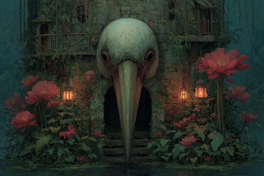 Ancient Stone Tower with Shoebill Face Entrance