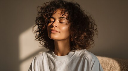 Serene Sunlight Meditation: A woman with closed eyes bathes in the gentle warmth of sunlight, her face radiating peace and tranquility, embodying the essence of mindfulness and inner harmony.