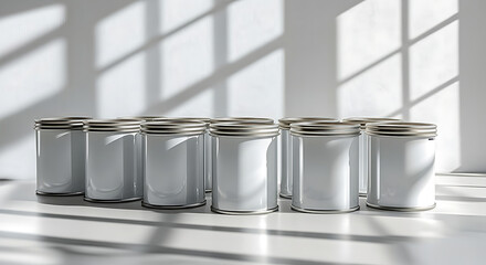 Arrangement of white paint cans with silver lids on a white surface under window shadows light