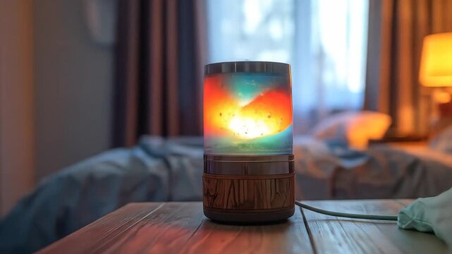 Ambient light speaker on a bedside table in a bedroom.