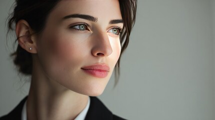 Serene Gaze: A captivating portrait of a woman, radiating elegance and introspection, her eyes reflecting a blend of confidence and introspection.