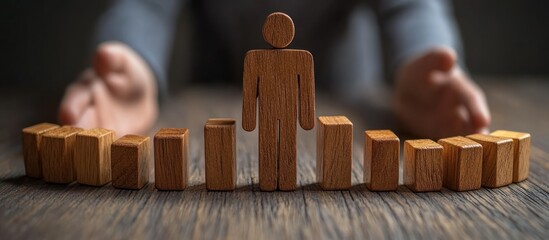 Wooden blocks representing growth, hands protecting