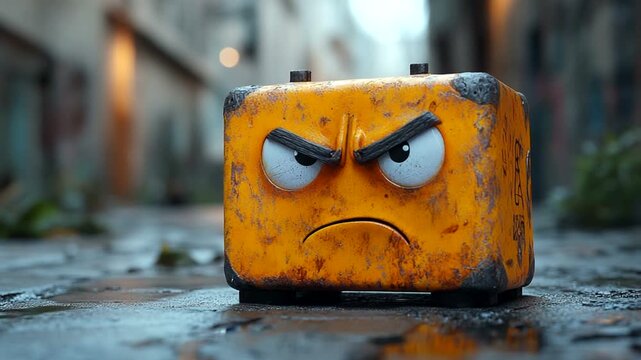 Angry cartoon box in an urban alleyway setting