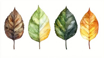 Obraz premium Watercolor autumn leaves, four colors, white background. Seasonal art, nature illustration