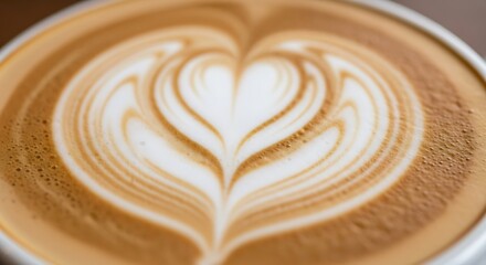 Close up of a perfectly crafted latte art heart design with creamy foam on a warm beverage