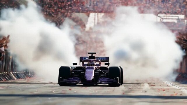 A purple open-wheel race car fires exhaust into a cloud of smoke on a crowded street circuit cheers!
