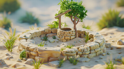 Old broken well in desert with 3d isometric low poly clay