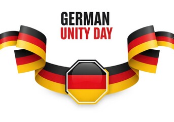 German unity day celebration banner with waving flag ribbon and text isolated on white background