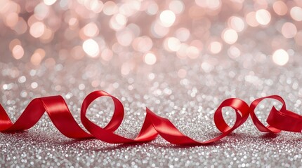 Sparkling silver background with a swirling red ribbon for celebrations