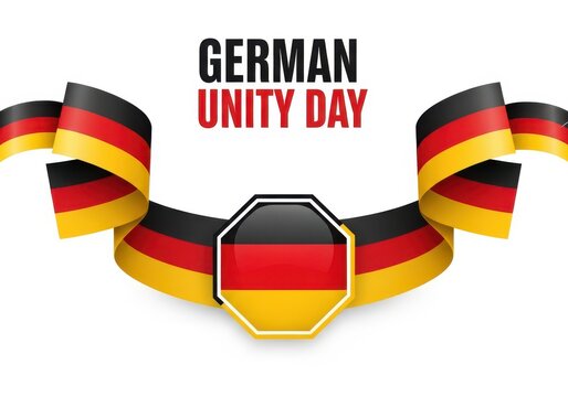 German unity day celebration banner with waving flag ribbon and text isolated on white background