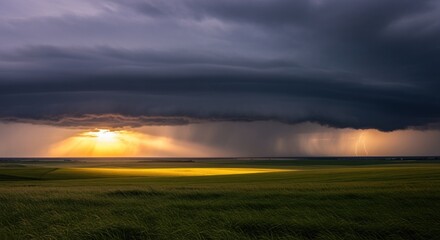 Fototapeta premium Dramatic Stormy Sky with Sun Rays and Lightning Strike over Green Field