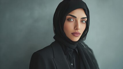 Elegance in Tradition: A portrait of a woman of Arab descent, she is gracefully adorned in a traditional hijab and professional attire, epitomizing cultural respect.