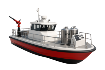 Fireboat featuring foam system tanks and a control console on the deck.