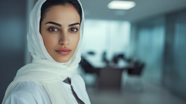 Confident Vision: A striking woman, draped in elegant white headwear, exudes poise and confidence, her gaze resolute as she stands within a contemporary space.