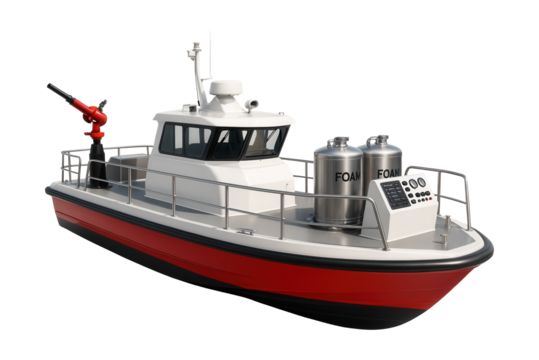 Fireboat featuring foam system tanks and a control console on the deck.