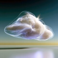 Obraz premium A digital representation of a cloud, enclosed in a glowing mesh network, floats in a serene sky with a subtle horizon line. The lighting is soft and ethereal.
