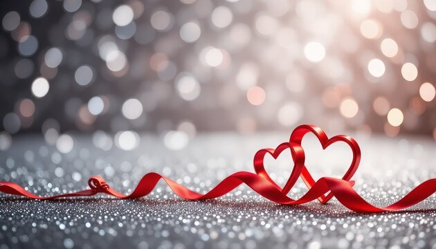 Two intertwined red ribbon hearts on a sparkling silver surface with bokeh lights