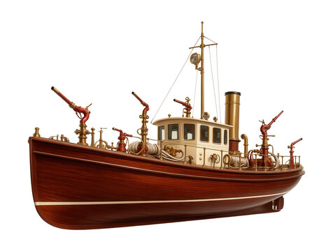 Classic fireboat featuring a wooden hull and brass accents.