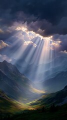 Majestic Mountain Landscape with Sun Rays Illuminating Green Valleys and Cloudy Sky