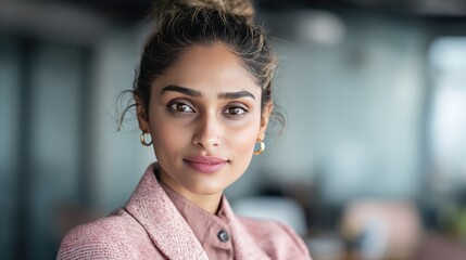 Empowered Confidence: A poised professional embodies sophistication and success, her gaze reflecting determination and her style, a portrait of grace in the modern business world.