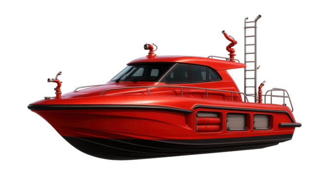 Firefighting vessel featuring streamlined design and built-in hose storage.