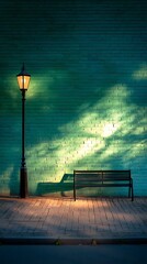 Street Lamp and Bench Against Brick Wall at Night with Greenish Sky and Soft Lighting