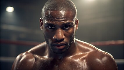 Intense boxer staring confidently after a tough workout, showcasing strength and focus