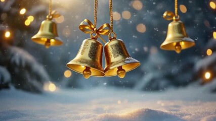 Sparkling golden Christmas bells hang gracefully in a serene winter wonderland, illuminated by warm festive lights and soft bokeh, evoking the joyful spirit of the holiday season - Powered by Adobe