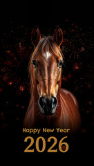 幸福感のある馬のシルエットを黒背景に配した2026年新年向けシックな縦長カード. 生成AI