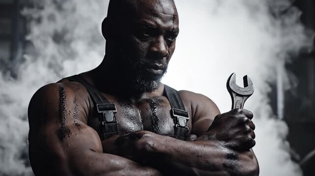 Intense worker holding a wrench with determination in smoky industrial environment