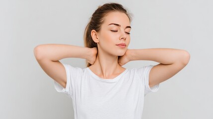 Calm Embrace: A serene woman with closed eyes gently touches the back of her neck, portraying a sense of tranquility, introspection and self-care.