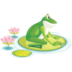 Green Frog Sitting on a Lily Pad Surrounded by Water Lilies in a Pond with a Transparent Background